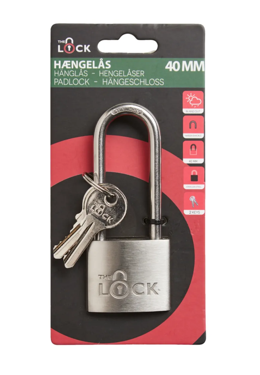 Hængelås m/to nøgler lang model 40 mm rustfrit stål