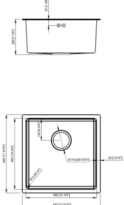 Køkkenvask sort 440 x 440 mm