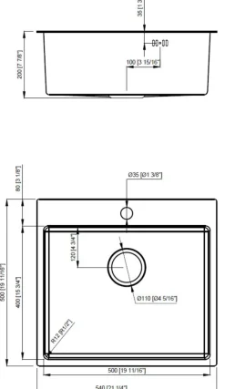 Køkkenvask sort 540 x 500 mm