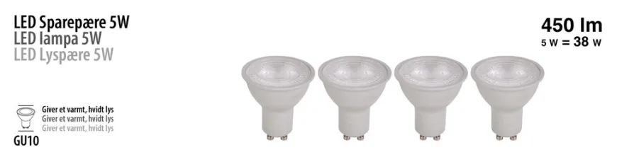 LED-spotpære GU10 5 W LED SMD 4-pk.