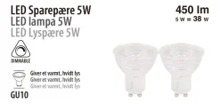 LED-spotpære 5 W GU10 dæmpbar 2-pk.
