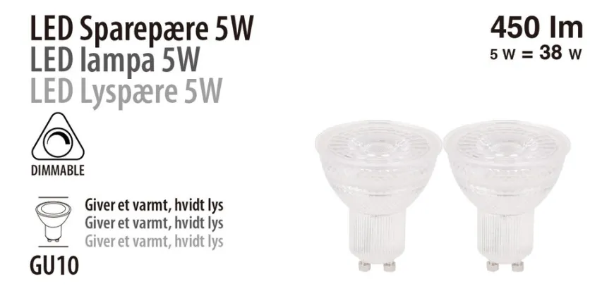LED-spotpære 5 W GU10 dæmpbar 2-pk.