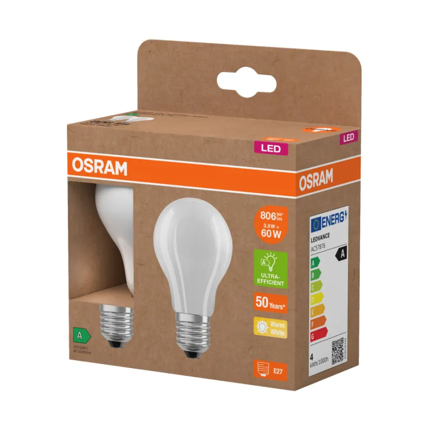 Osram LED mat standardpære E27 3,8 W 2-pk.